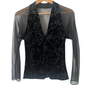 J.R. Nites By Caliendo Vintage 90s Y2K Black Velvet Top Mesh Sleeves and Back‎